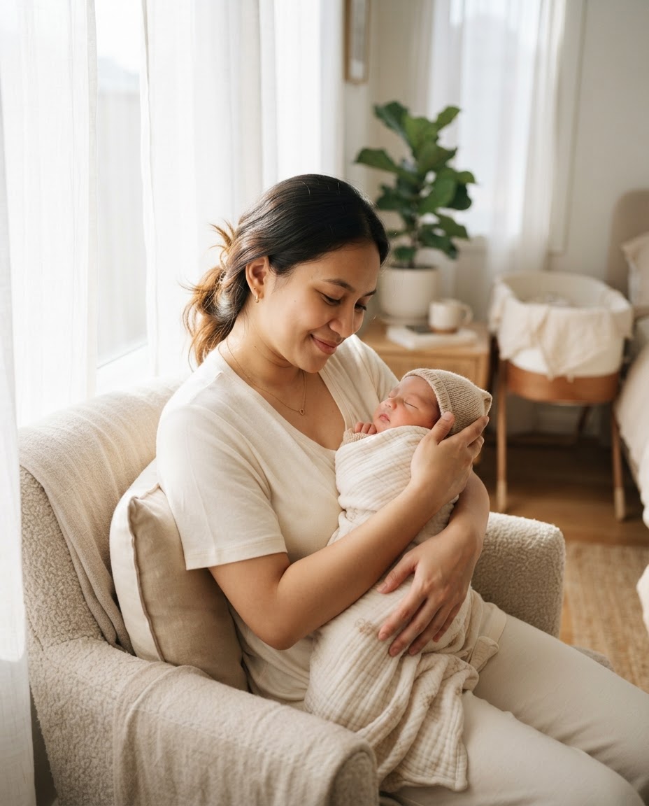A mother holding her newborn at home with Gardenia Homecare