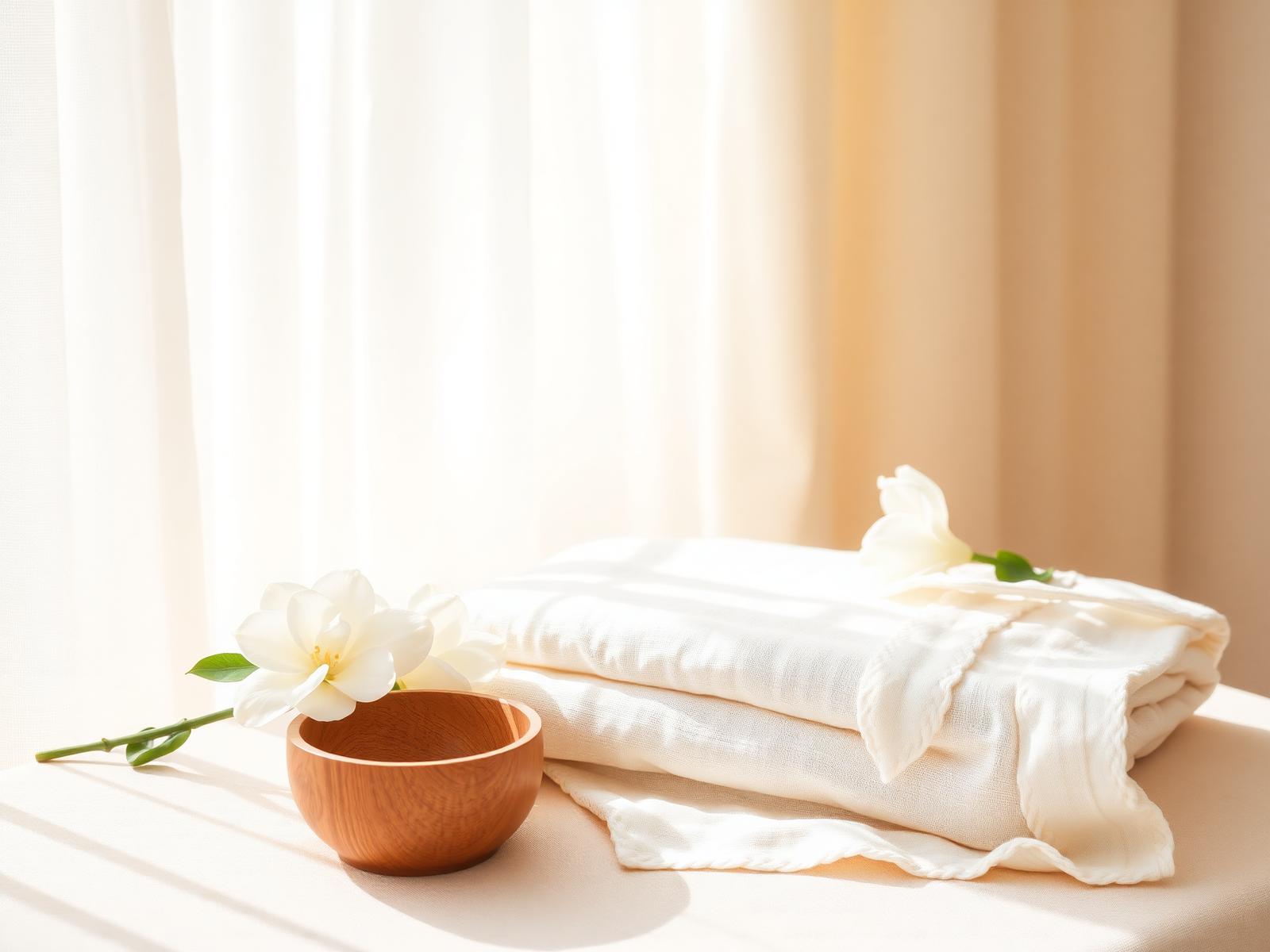 Warm home care setting with gardenia flower and soft muslin blanket